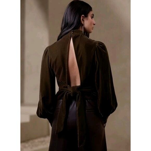 Banana Republic Blouse Womens Chocolate Velvet Mock Neck Open Back Tie Waist Med - Picture 3 of 8